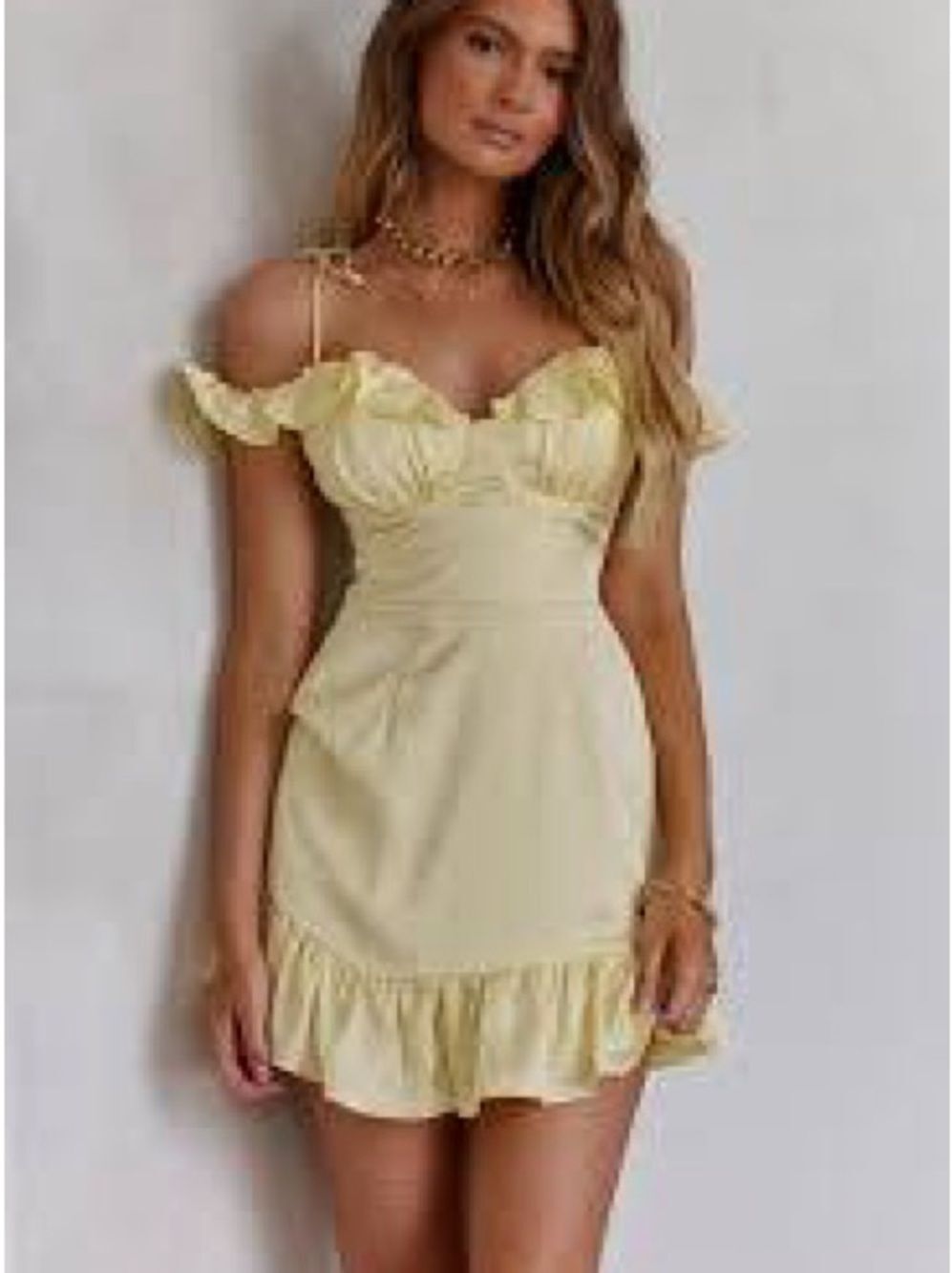 Mika & Gala “Ode to Love" Sweetheart Neckline Tied Shoulder Frill Mini Dress. L